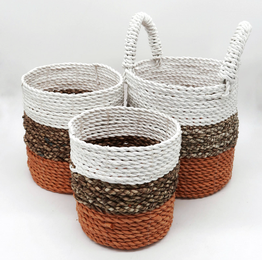 3 Piece Seagrass Basket Set in Burnt Orange / Natural / White