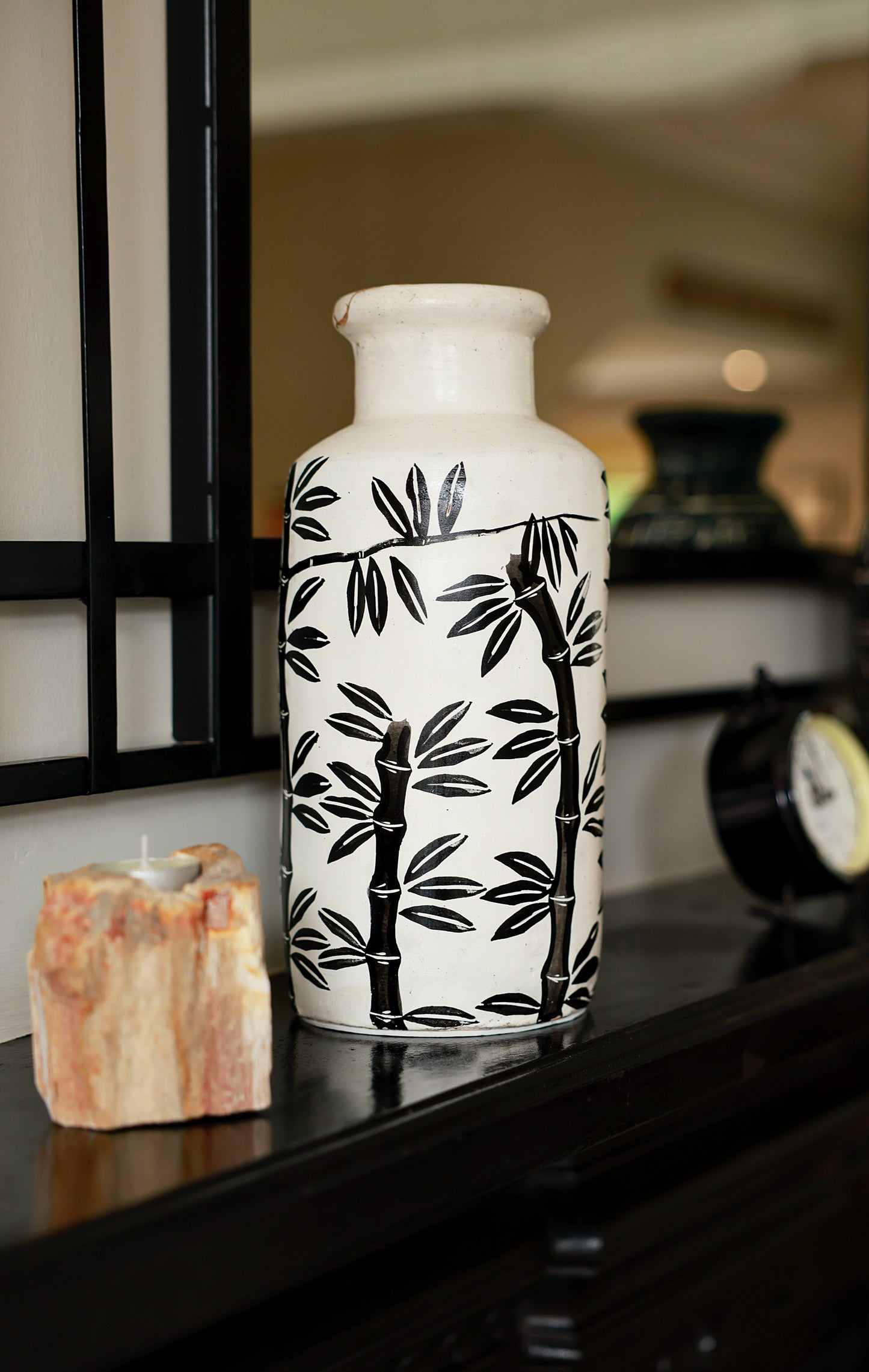 Bamboo Motif Straight Vase - White Natural