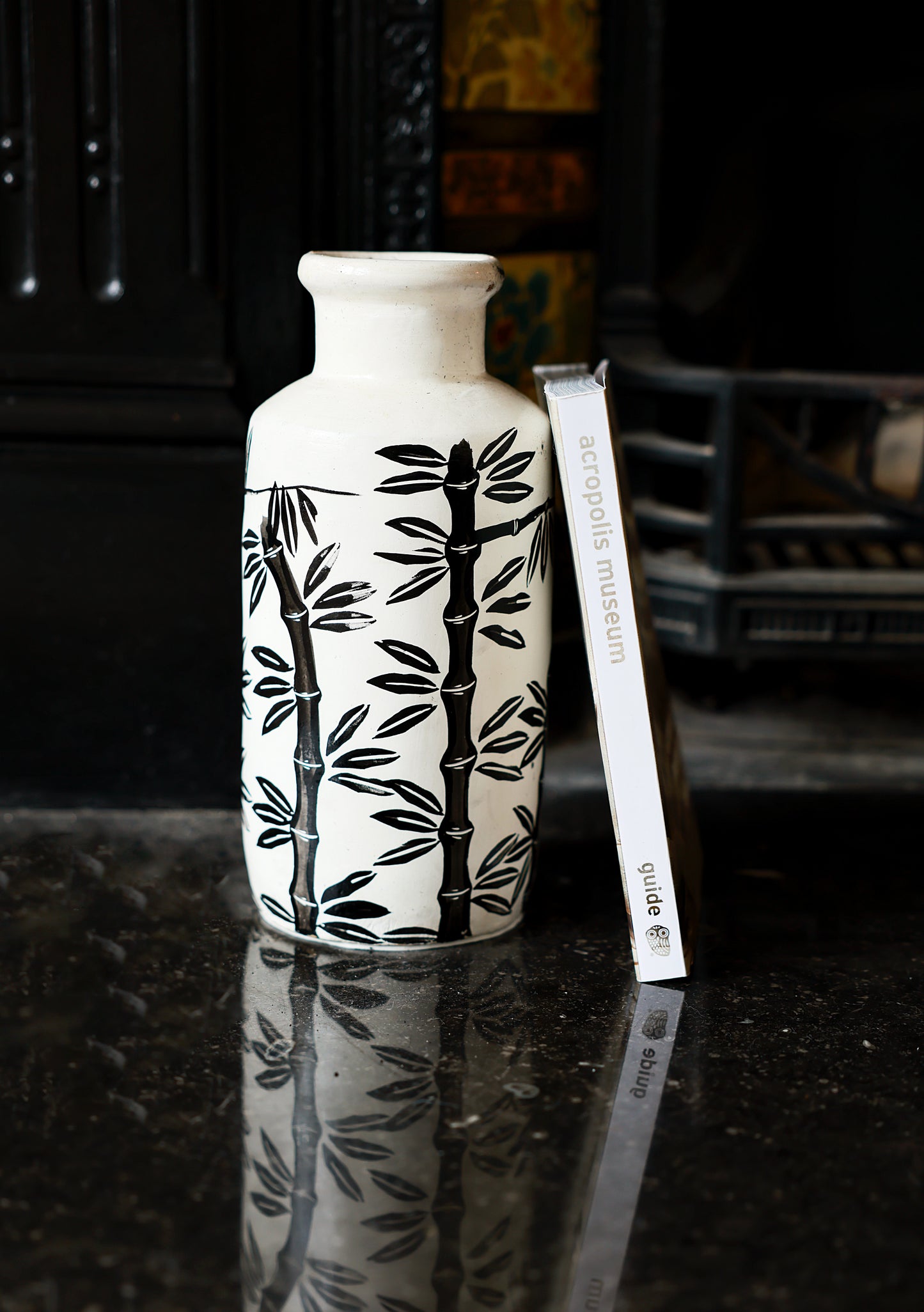 Bamboo Motif Straight Vase - White Natural