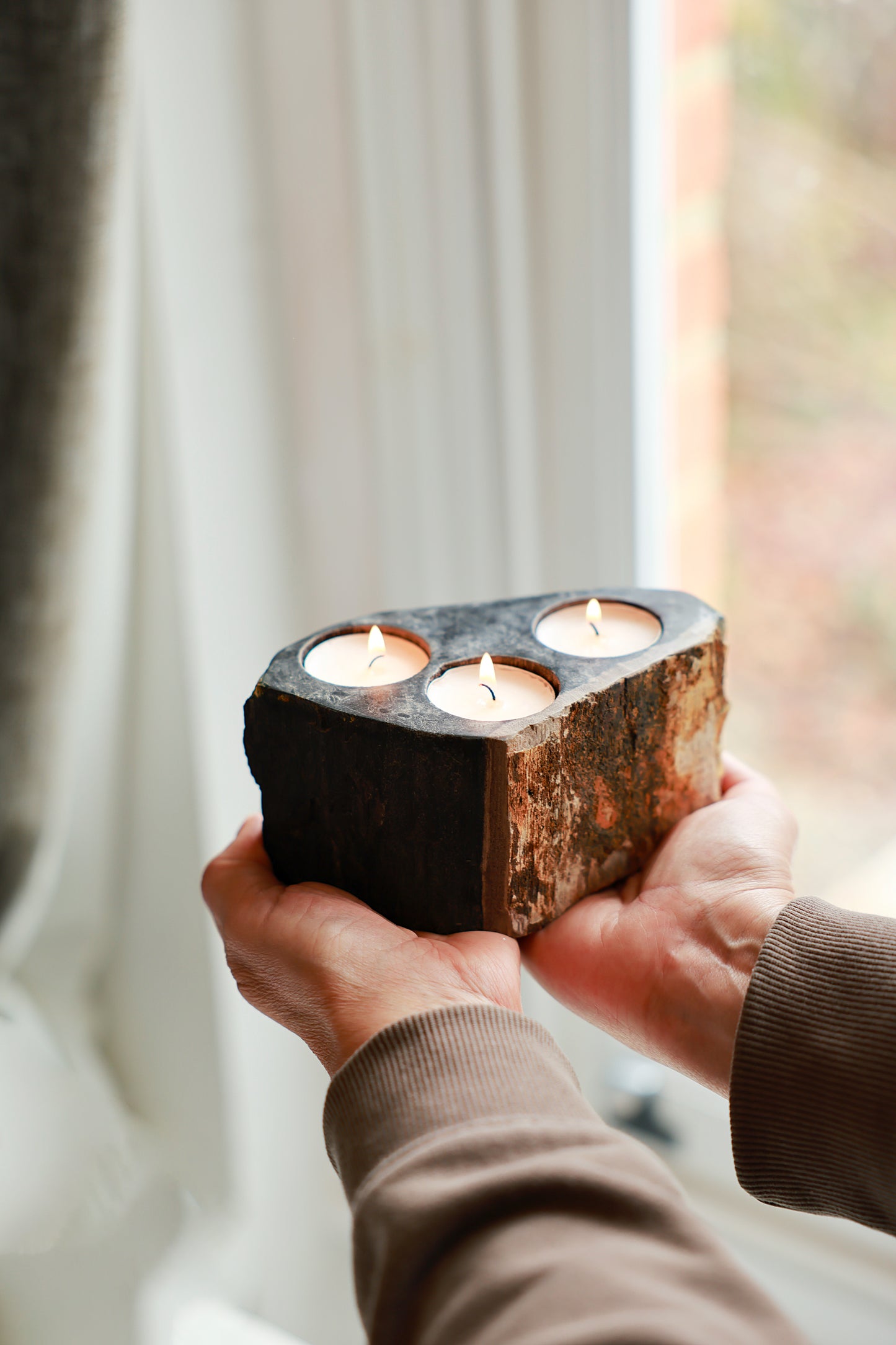 Petrified Wood Candle Holder - Triple